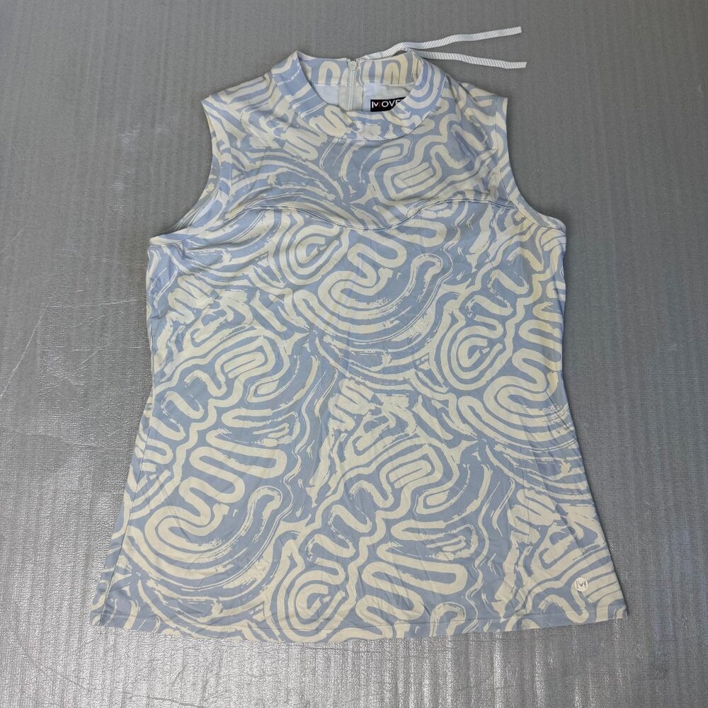 MOVETES Women’s Sleeveless Mock Golf Top Blue White Abstract Print Size L